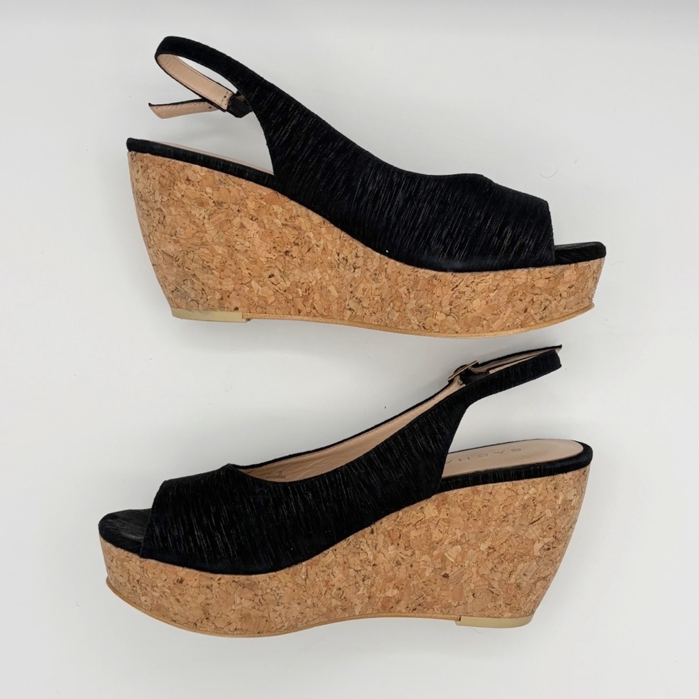 Sacha London Black Peep Toe Cork Wedge Slingback Heels Sz 8 - Picture 6 of 7